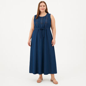 Vintage 90s Sleeveless Denim Maxi Dress Pleated Embroidered 100% Cotton Boho, 14